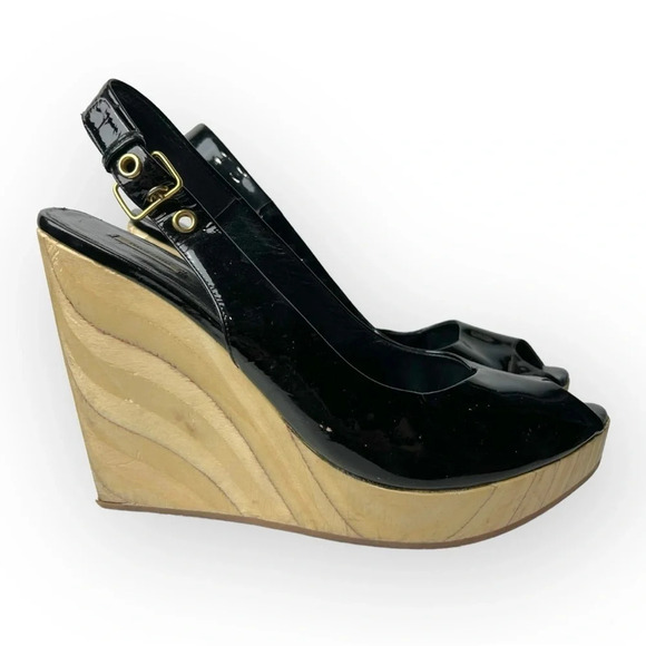 Miu Miu Black Patent Leather  Peep Toe Slingback Wooden Wedge Heel 39 - Picture 2 of 14